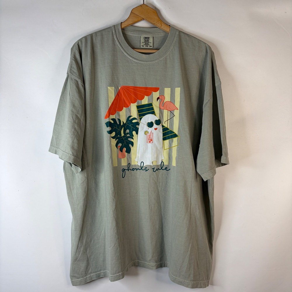 Comfort Colors Graphic T-Shirt Women 3XL Sage Green Ghouls Rule Ghost Flamingo
